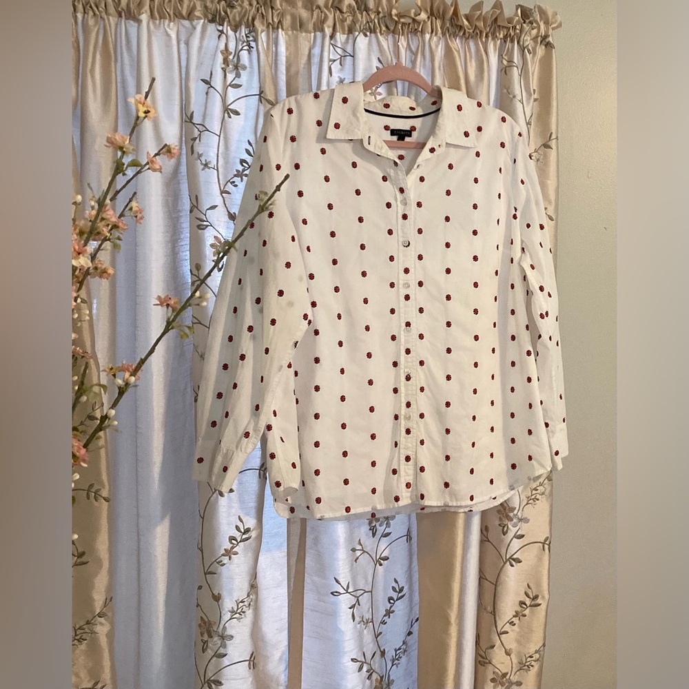 Talbots 100% Cotton White Shirt with Red and Blue Floral Accents